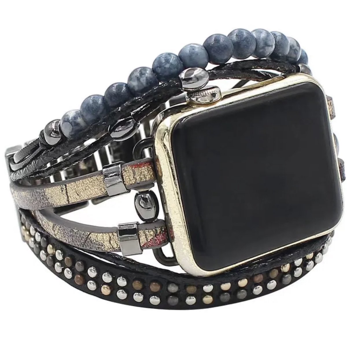 Apple Watch bohemian horloge bandje 42-44-45 mm Ibiza stijl zwart goud bruin Leer Hout Metalen Sluiting