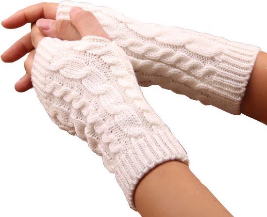 Winkrs - Vingerloze Handschoenen Dames - Witte gebreide Polswarmers - Acryl
