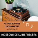 Bruine platenspeler op antieke kast met draaiende plaat. Tekst: '4x ingebouwde luidsprekers (40W RMS)'.