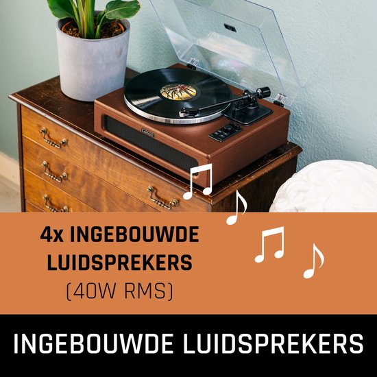 Bruine platenspeler op antieke kast met draaiende plaat. Tekst: '4x ingebouwde luidsprekers (40W RMS)'.