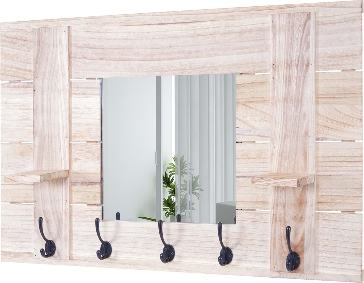 MCW Wandkapstok MCW-C89 met spiegel, kapstokpaneel, shabby-look vintage, 5 haken 90x60cm ~ naturelbruin