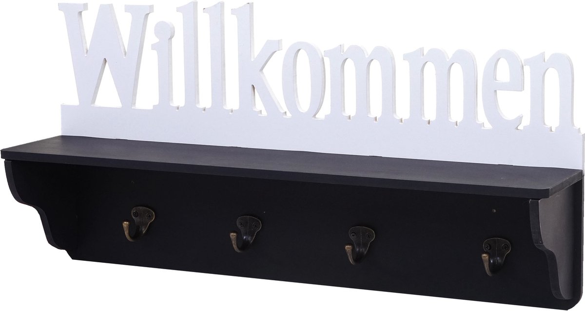 MCW Wandkapstok MCW-D41 Welkom, kapstok plank, 4 haken solide 30x60x13cm ~ zwart/wit