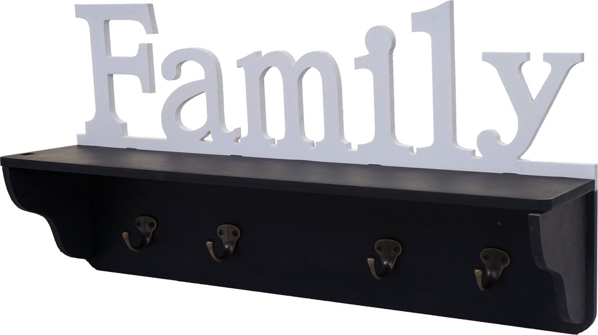 MCW Wandkapstok MCW-D41 Family, kapstok plank, 4 haken solide 30x60x13cm ~ zwart/wit