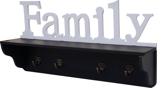 Wandkapstok MCW-D41 Family, kapstok plank, 4 haken solide 30x60x13cm ~ zwart/wit