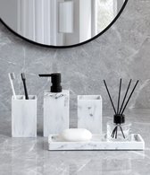 Ensemble d'accessoires de salle de bain - Distributeur de savon - Porte-brosse à dents - Pompe à savon - Porte-savon - Tasse - Ensemble 4 pièces - Motif marbre - Wit & Zwart