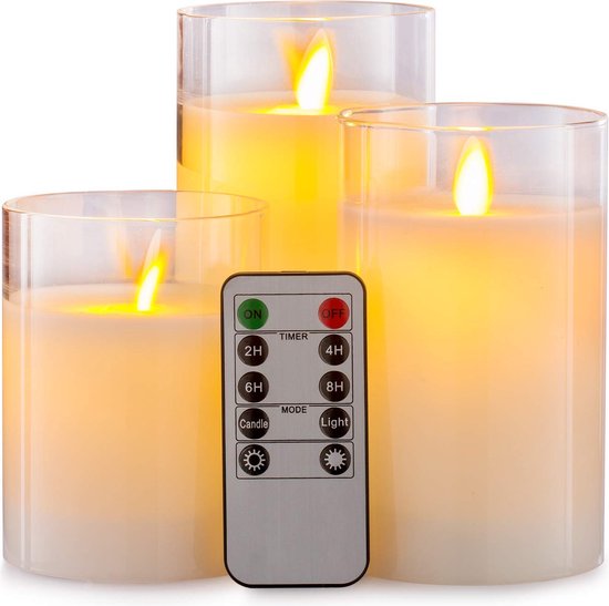 Relaxdays LED Kaarsen In Glas - Set Van 3, Met Afstandsbediening En Timer (Wit)