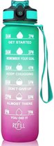 EazyLife - Motivatie Drinkfles met Tijdsmarkeringen - Lekvrij - BPA-vrij - Groen / Paars - Handige Draagriem -Fitnessaccessoires - Herbruikbaar - Inspirerende Drinkfles