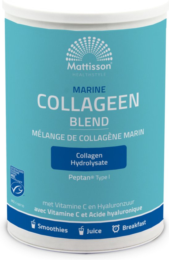 Mattisson Marine Collageen Blend in blauwe pot, met Peptan Type I collageenhydrolysaat en vitamine C.