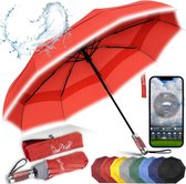 Paraplu, zakparaplu, stormvast, automatisch op en neer te zetten, dubbele afdekking, klein, stabiel scherm, reflecterend met luxe echt houten handvat, voor dames en heren, rood