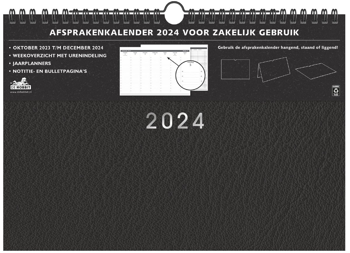 Hobbit - Zakenkalender - 2024 - Zwart lederlook - Weekoverzicht met urenindeling - Hardcover - (34 x 22cm)