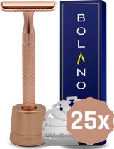 Bolano® Safety Razor Rose Goud + Houder + 25 RVS Scheermesjes Double Edge - Klassiek Scheermes voor Mannen en Vrouwen - Duurzaam Scheren - Zero Waste - RVS Messing - Dichte zijkant