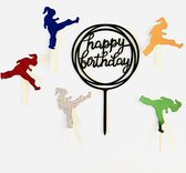 Judo Karate kid GIRL Happy birthday - taart topper - taart decoratie - verjaardag versiering - prikkers met versiering - taartversiering