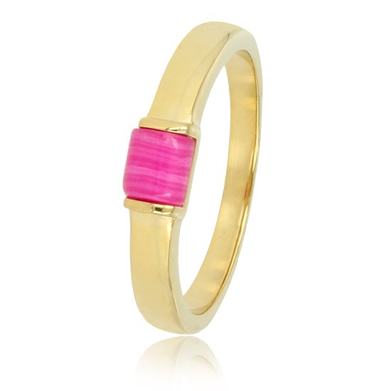 My Bendel - Goudkleurige ring met Rose Stripe Agate edelsteen - Bijzondere goudkleurige ring met felroze Rose Stripe Agate edelsteen - Met luxe cadeauverpakking