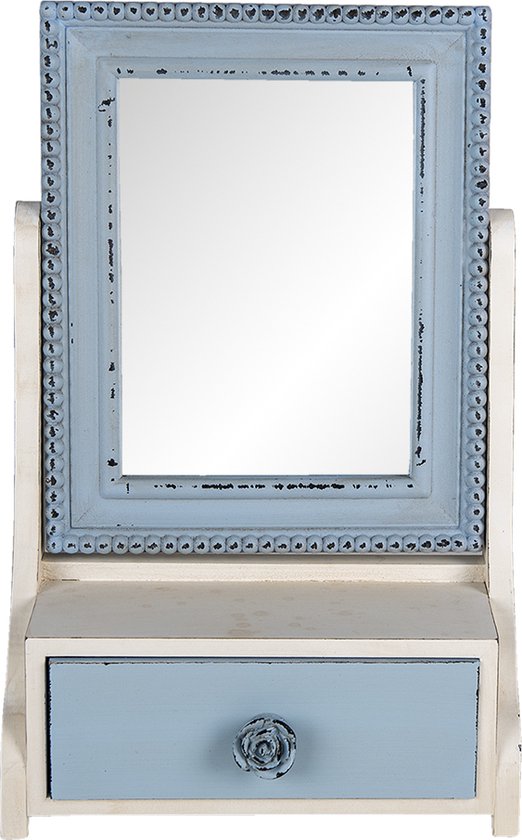 HAES DECO - Staande Spiegel met Lade - Kleur Blauw - Formaat 25x14x38 cm - Materiaal MDF / Glas - Tafel Spiegel, Rechthoekige Spiegel