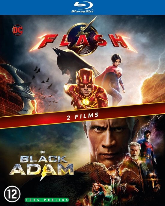 Blu-ray hoes voor "The Flash" en "Black Adam" met de superhelden Flash, Superman, Batman, Black Adam en Justice Society of America.