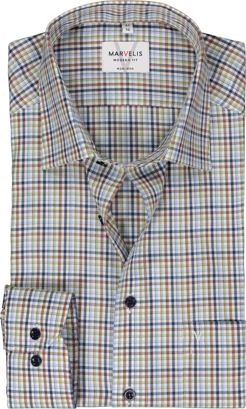 MARVELIS modern fit overhemd - twill - blauw - groen - wit en bruin geruit - Strijkvrij - Boordmaat: