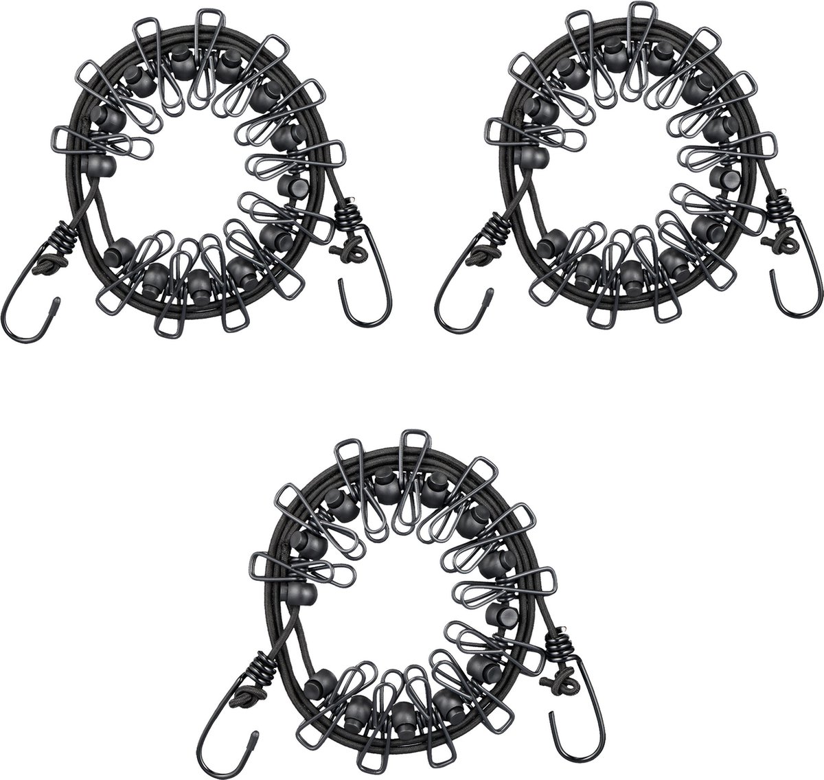 Goedkoopste camping waslijn met knijpers - set van 3 - elastisch - max. 3.6 m - draagbaar - zwart