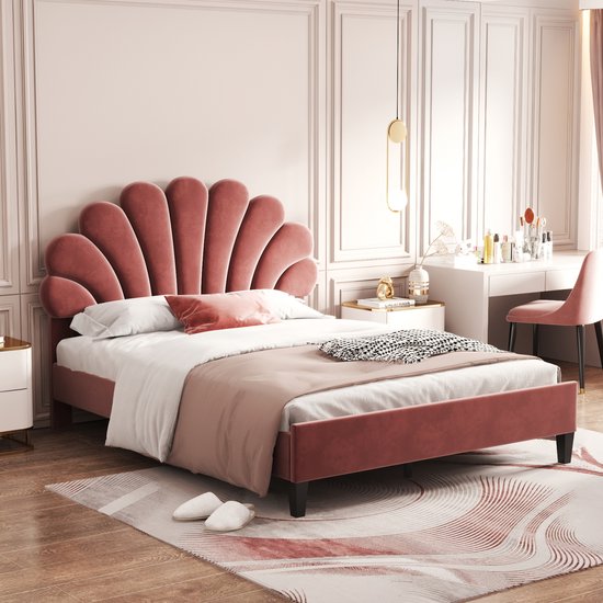 Gestoffeerd bed 140 x 200 cm - bedframe met bloemvormig hoofdeinde - tweepersoonsbed voor volwassenen met lattenbodem in huidvriendelijke fluwelen stof - rood