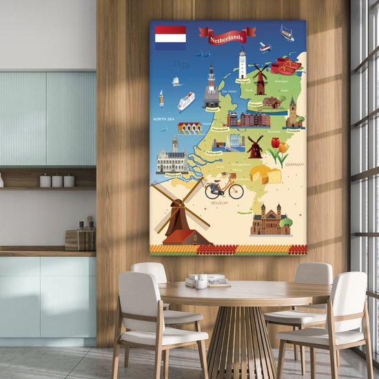 Carte des Nederland avec des vues 120x180 cm - Tirage photo sur Toile (Décoration murale salon / chambre) XXL / Groot format!