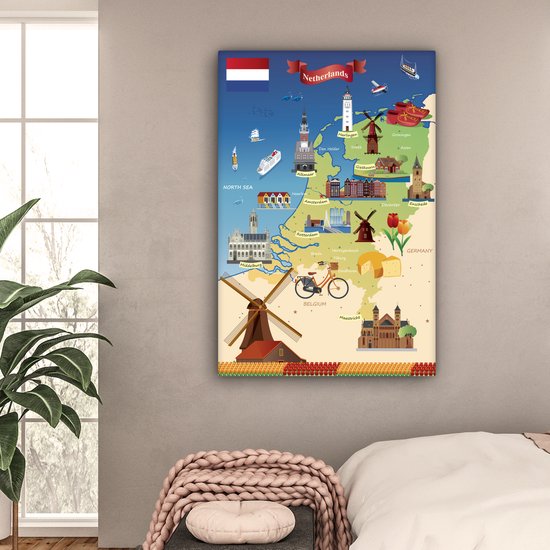 Carte des Nederland avec des vues 90x140 cm - Tirage photo sur toile (Décoration murale salon / chambre)