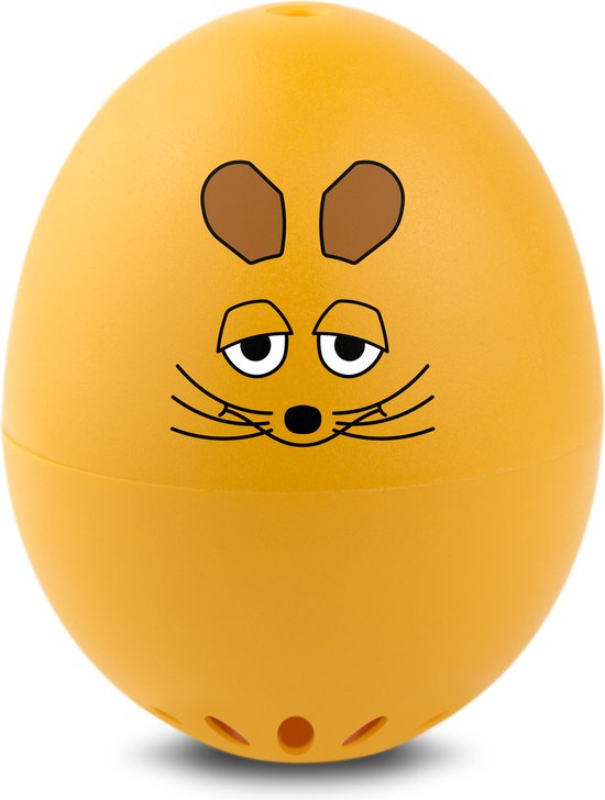 Een okergele, eivormige timer met een getekend muisgezicht.