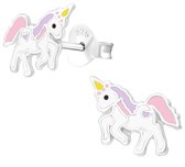 Joy|S - Zilveren eenhoorn oorbellen - 10 x 7 mm - roze lila wit met hartje - unicorn kinderoorbellen