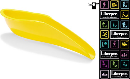 Gele urine-opvangbeker met een serie icoontjes met de tekst 'Liberpee' en 'www.liberpee.com'.