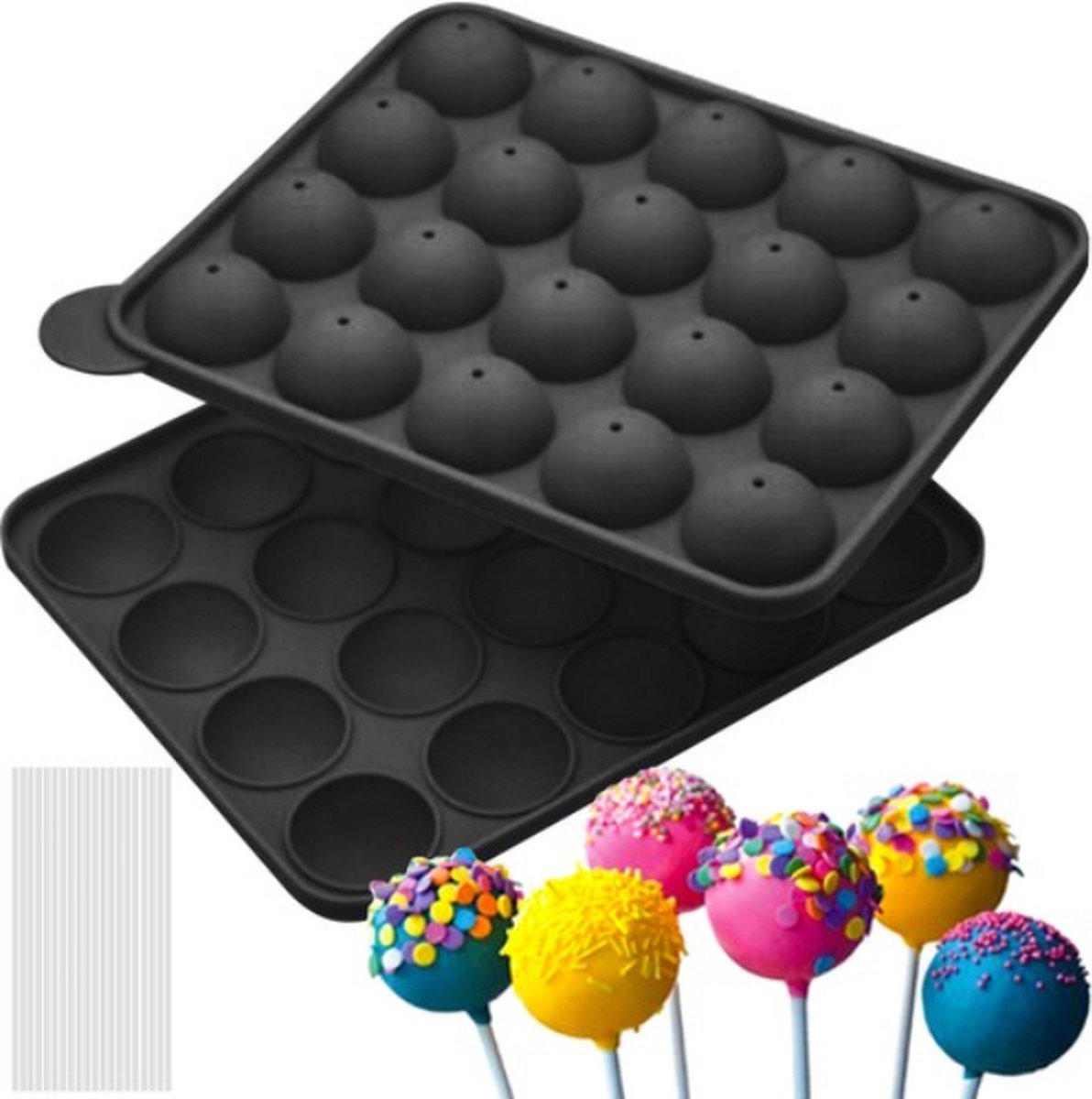T.R. Goods - Siliconen Cakepop / Lolly Bakvorm - 20 Gaten inclusief 20 Stokjes - Geschikt voor Bakken en Vriezen
