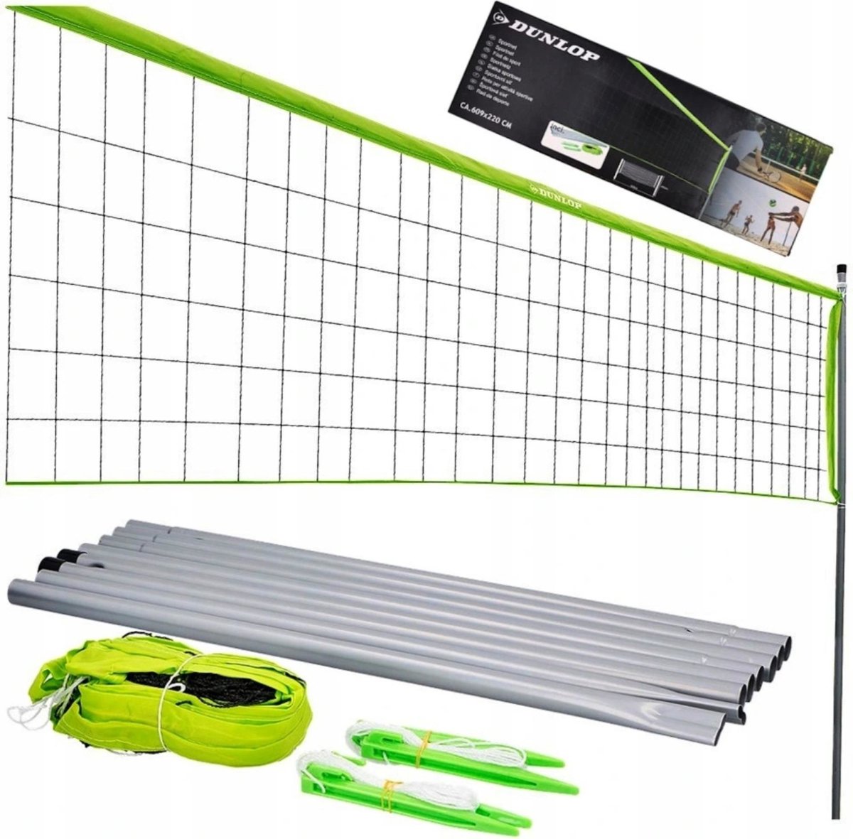 Dunlop Sportnet 609 x 220 CM - Volleybalnet - Tennisnet - Badmintonnet - Complete Set met Stokken, Net, Grondpinnen en Spanner Touwen - Multifunctioneel Inzetbaar - Groen/Zwart - Dunlop