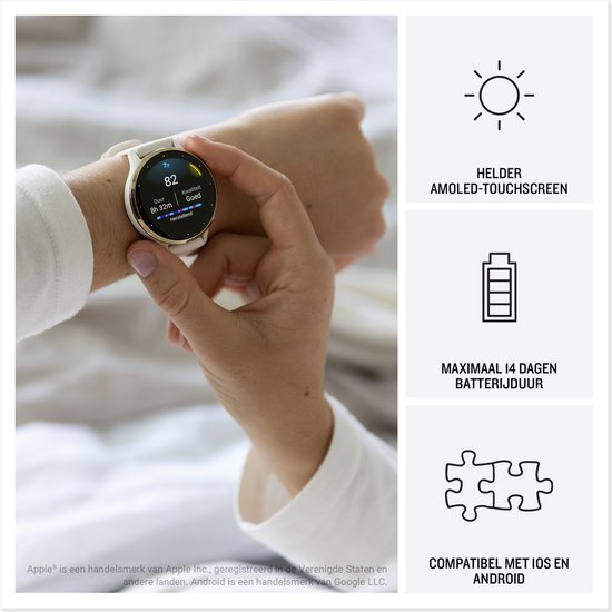 Hand die een witte smartwatch met een AMOLED-touchscreen vasthoudt, met informatie over batterijduur en compatibiliteit.