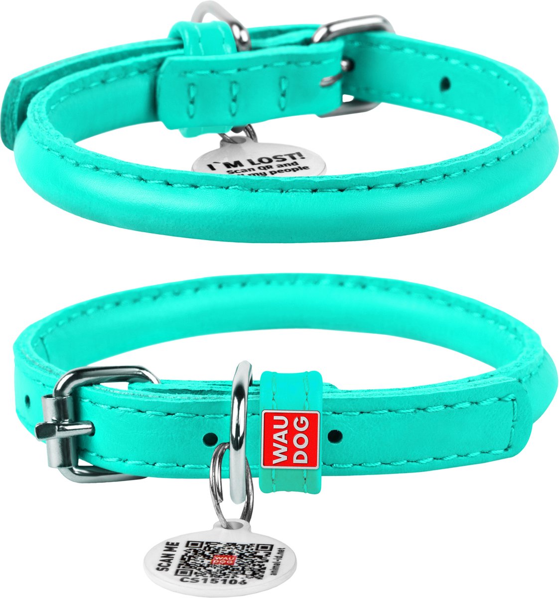 WAUDOG Glamour Rolled Halsband - Rond leder - Gratis QR-tag - Mint - XS - Diameter: 8 mm - Nekomtrek: 20 - 25 cm (GELIEVE VOORAF BESTELLEN OPMETEN)