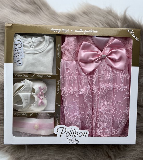 luxe feestjurk-bruidsjurk-Baby jurk-doopjurk -dooppakje-roze jurk-onderhemd-haarband-schoentjes-new born-geschenkenset -geschenkdoos-kraamcadeau-fotoshoot -4 delige set-bloemenmotief-tule jurk met strik-maat 56/62(0 tem 4 maanden) — afbeelding 5