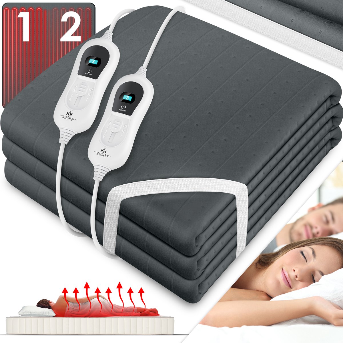 KESSER® Elektrische Onderdeken met Afstandsbediening - Antraciet 160x140 cm