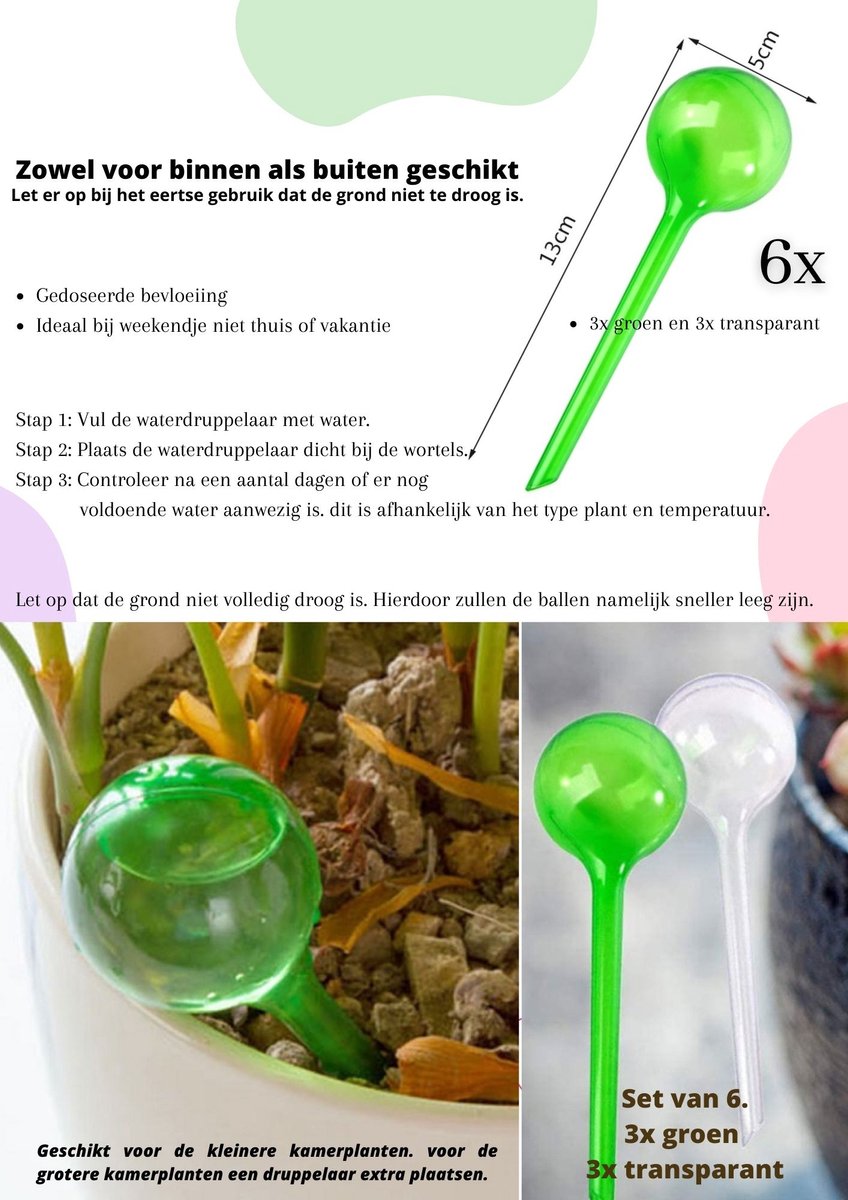 Waterdruppelaar - 6 stuks - 3x Groen en 3x Transparant - Waterdruppelaar voor kamerplanten – Waterbol - Waterdruppelaar voor planten - Watergeefsysteem