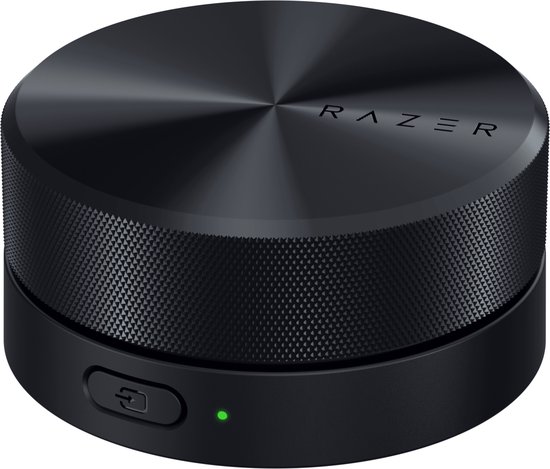 Zwarte Razer volume knop met gestreept oppervlak, USB-C poort en groene LED.