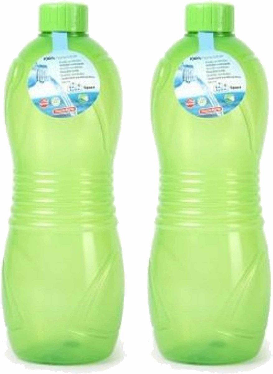 Plasticforte Drinkfles/waterfles/bidon - 2x - 1000 ml - transparant/groen - kunststof