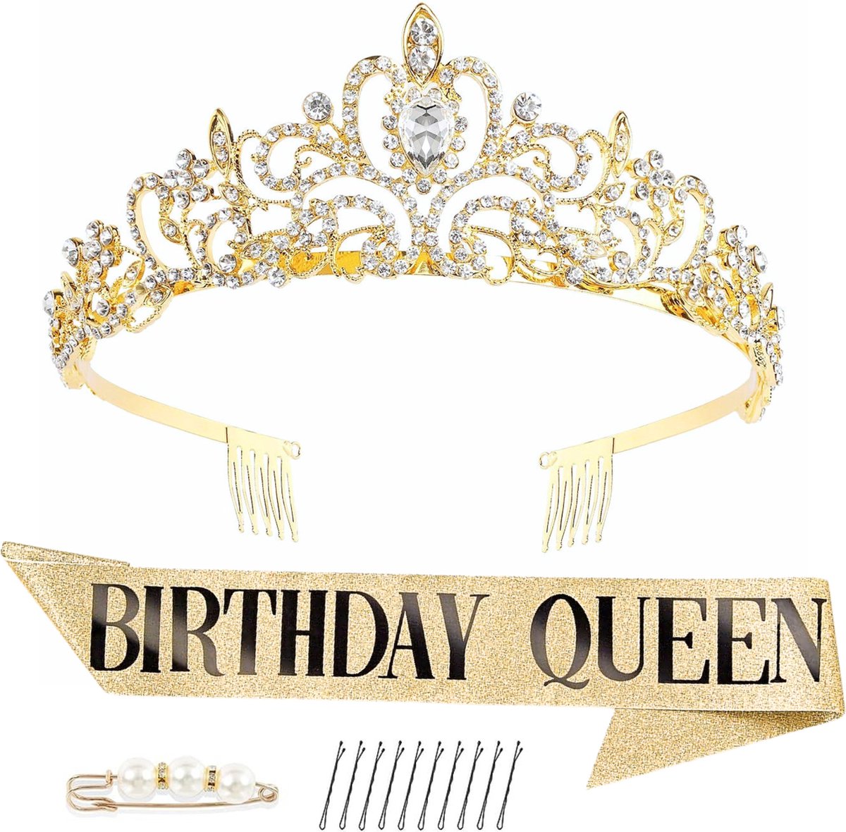 Partizzle Gouden Verjaardagskroon Tiara met Glitter Sjerp - Birthday Queen - Happy Sweet 16 Girl - Verjaardag Versiering Kroon - Volwassenen / Tieners - Zwart en Goud - Partizzle®