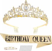 Partizzle Couronne d'anniversaire dorée avec ceinture à Glitter – Reine d'anniversaire – Happy Girl – Kroon de décoration d'anniversaire – Adultes /adolescents – Zwart et Goud