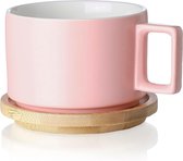 Keramische koffiekop (310 ml) met houten cups, koffiekopjes, set voor cappuccino, latte, espresso, Americano, mokka, thee (mat roze