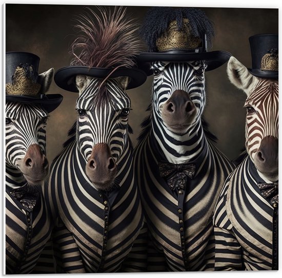 PVC Schuimplaat- Groep Zebra's met Komische Hoeden - 50x50 cm Foto op PVC Schuimplaat