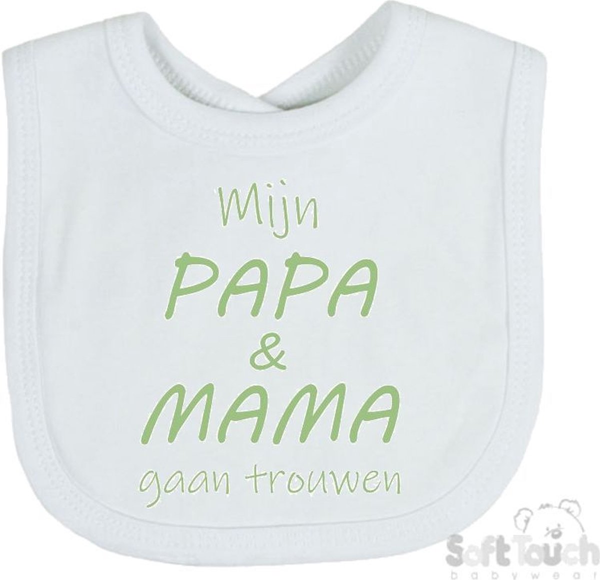 Goedkoopste Soft Touch Slabber Slabbetje Slab Mijn papa & mama gaan trouwen Unisex Katoen Wit/sage green (saliegroen) Maat 33x22 Cm