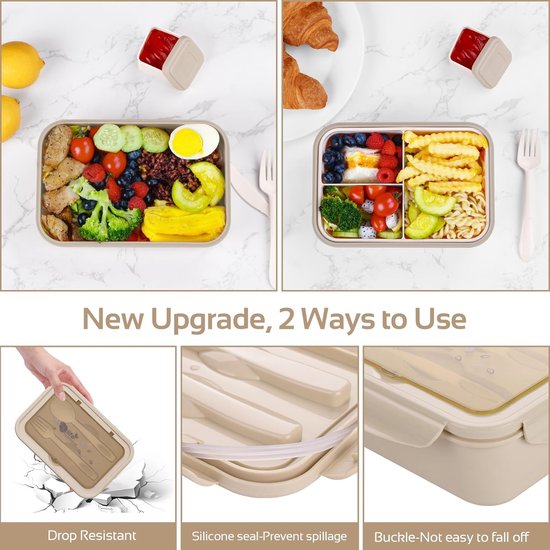 Lunchbox voor volwassenen en kinderen, 1200 ml, incl. bestek, de snackbox is geschikt