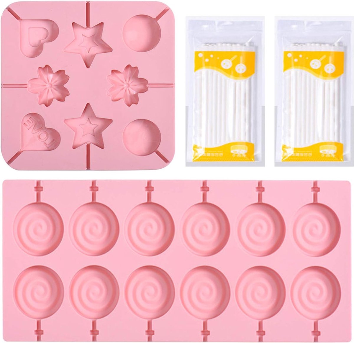 Lollipop Chocolade Siliconenvorm, met 40 lollypop sticks, herbruikbare siliconen vormen, voor het maken van bonbons, koekjes, lolly's (roze)