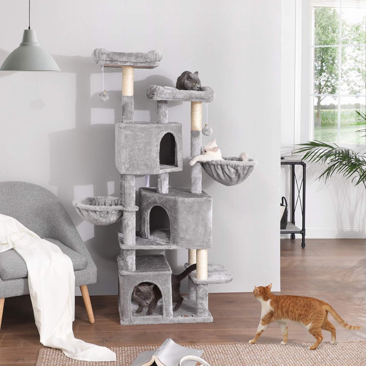 Vasagle Kattenboom groot, met 3 kattengrotten, 164 cm Kattenboom, lichtgrijs PCT98W