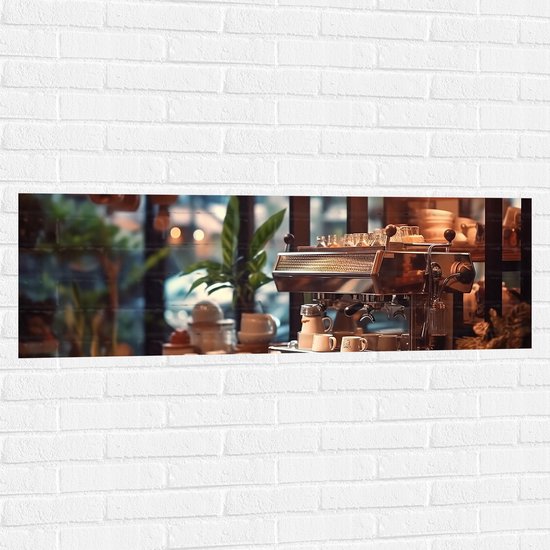 Muursticker - Koffie - Apparaat - Planten - Kopjes - Lamp - 120x40 cm Foto op Muursticker