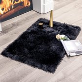 Kunstbont tapijt pluizig zacht warm modern vloermat bankmat kunstbont decoratieve vacht Rechthoek bedmat wol lang haar look gezellig 60 x 90 cm zwart
