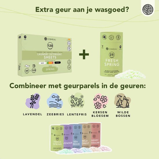 Cosmeau wasstrips en geurparels in de geuren lavendel, zeebries, lentefris, kersenbloesem en wilde bossen.