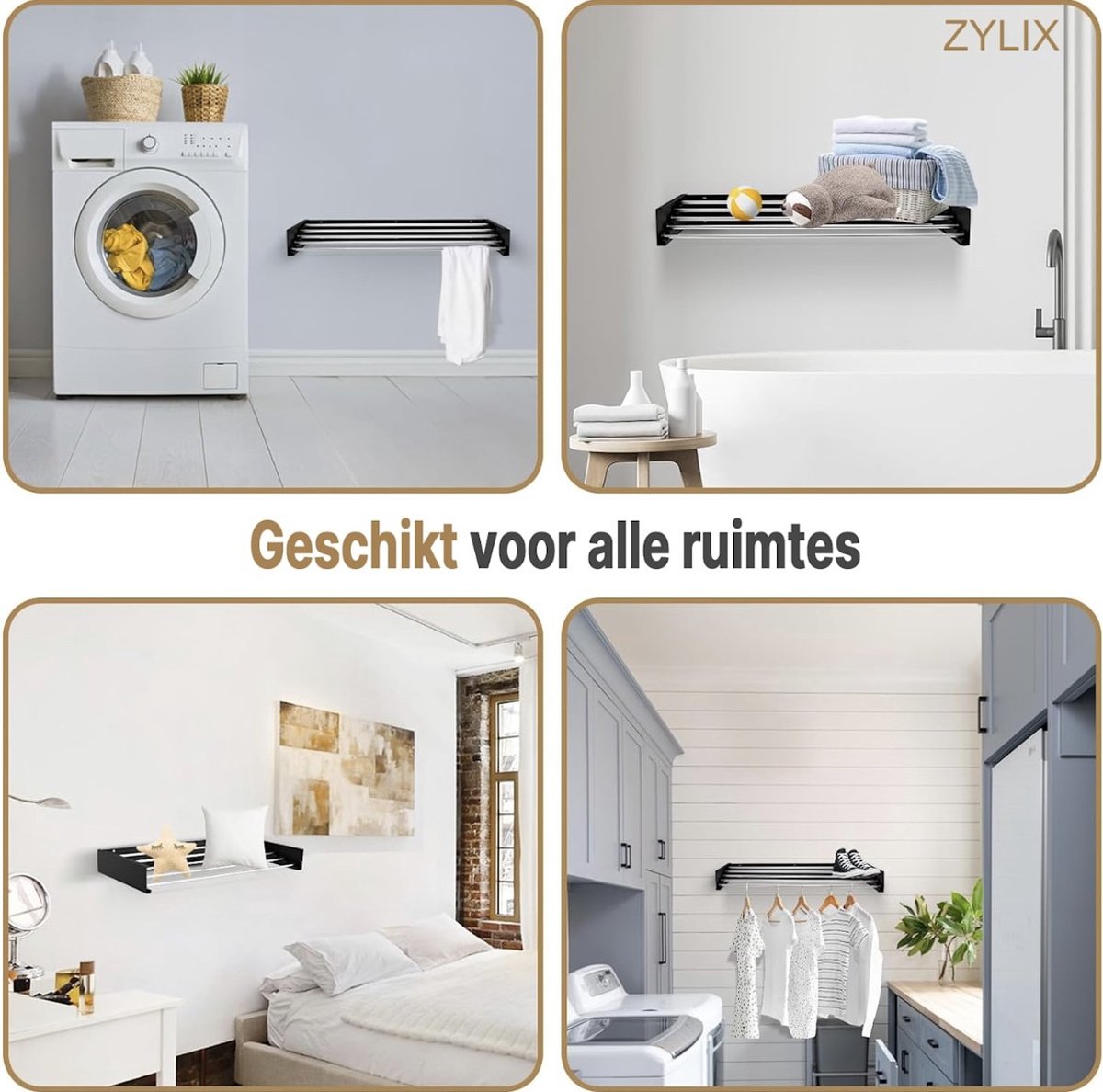 ZYLIX Étendoir Mural XL Zwart 100 cm - Pliable - Incl. Gabarit de perçage -  Peu