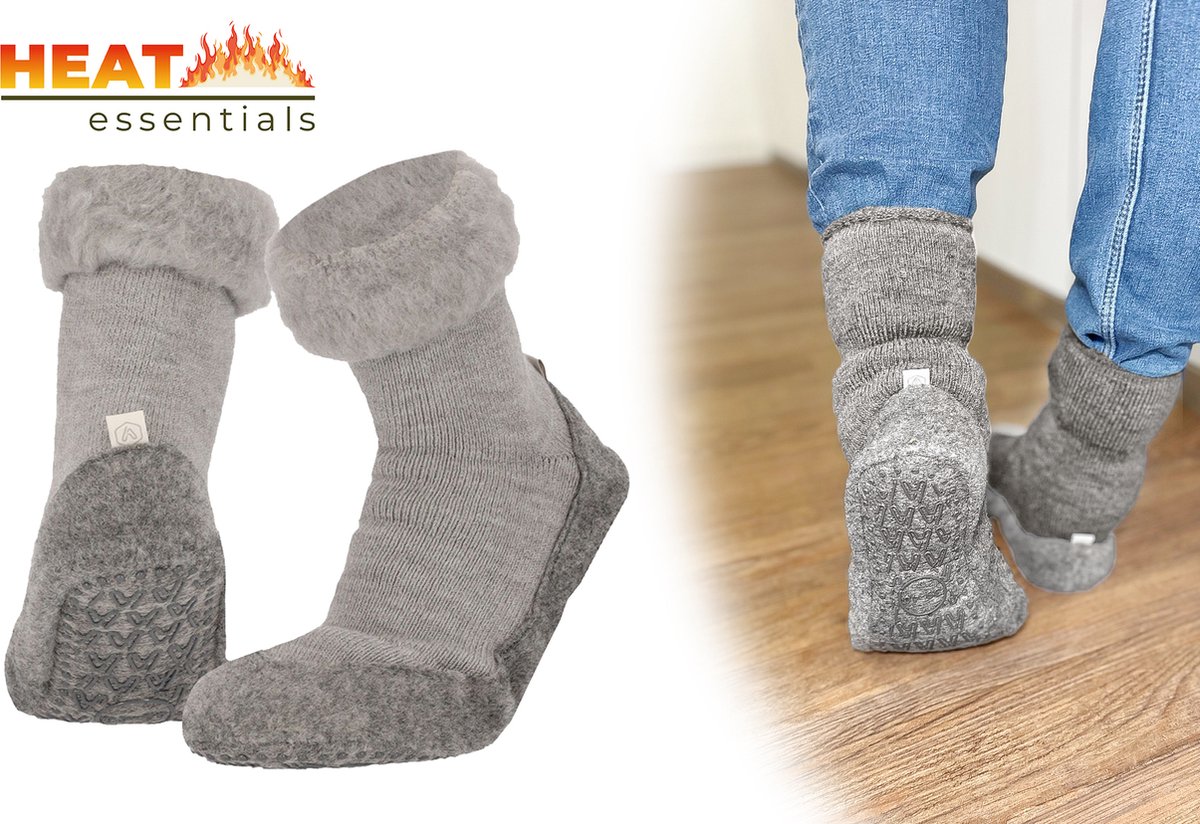 Heat Essentials - Wollen Pantoffel Sokken - Grijs - 37/38 - Pantoffels Dames - Sloffen Dames - Unisex - Antislip Sokken - Huissokken