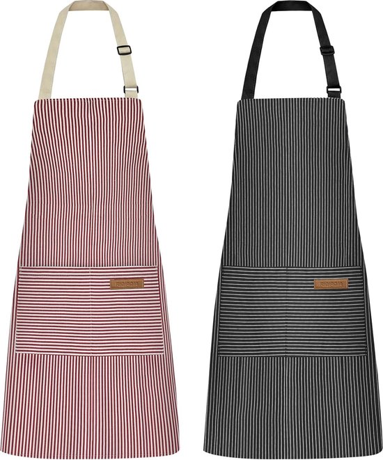 2 Tabliers De Cuisine Avec Poches En Coton-lin - Noir Et Rouge, Taille Universelle, Pour Cuisine, Peinture, Barbecue